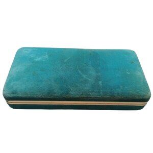 Vintage Blue Velour Jewelry Box With Removable Tray & Gold Trim Floral Interior
